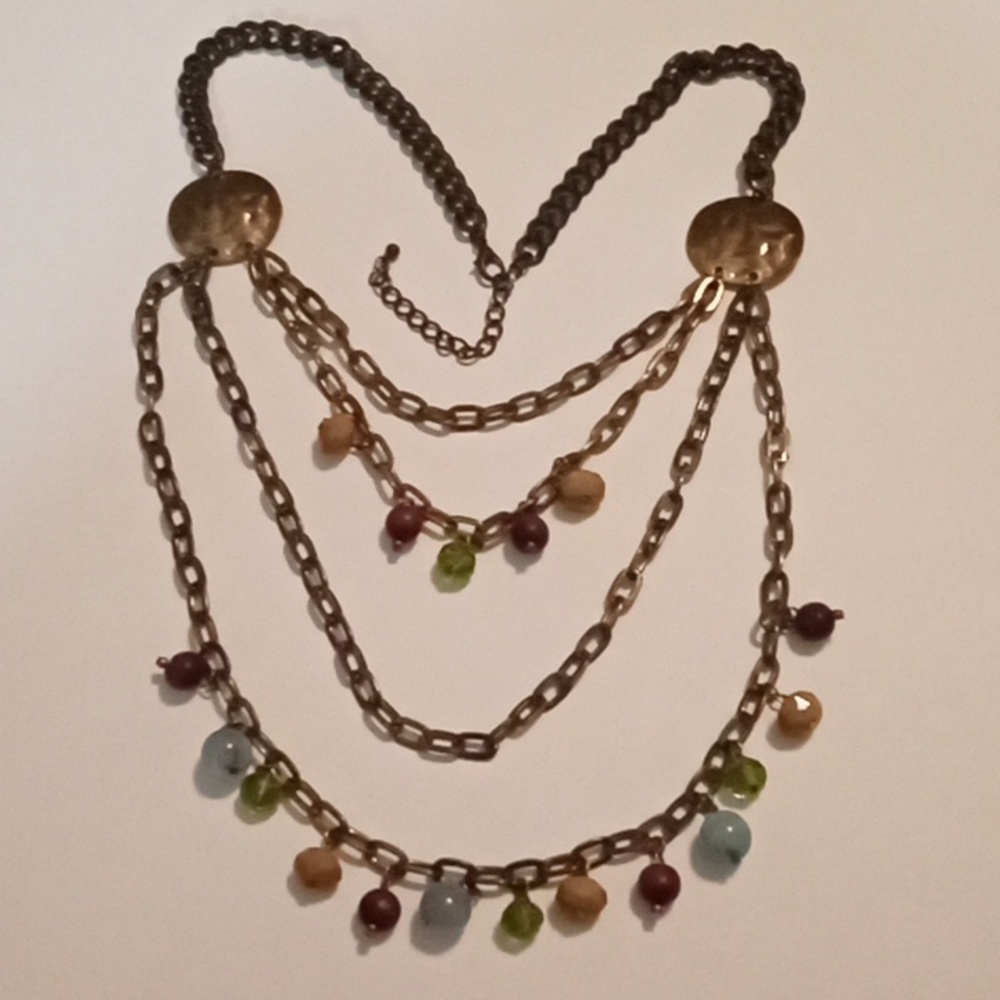 #963. Gold Toned Chain Multi Layer Glass & Acrylic Brown & Green Necklace.